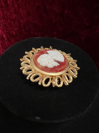 Vintage Gold Tone Metal Cameo Brooch - 1970s Victorian Reproduction
