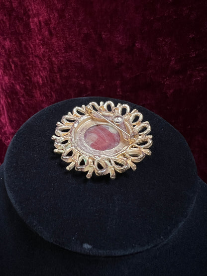 Vintage Gold Tone Metal Cameo Brooch - 1970s Victorian Reproduction