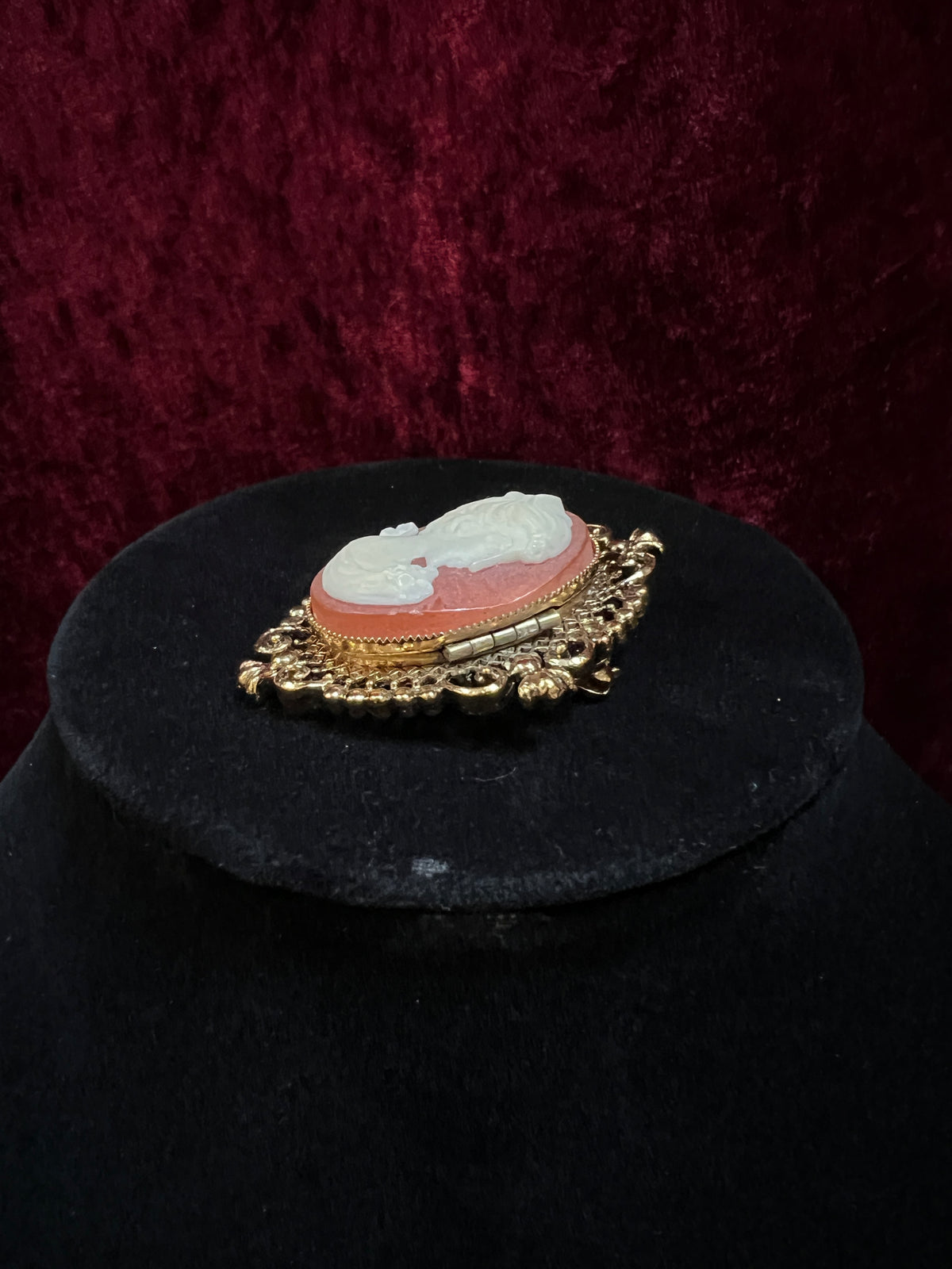 Vintage Avon Gold Tone Metal Locket Brooch - Victorian Style Cameo Reproduction