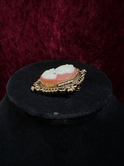 Vintage Avon Gold Tone Metal Locket Brooch - Victorian Style Cameo Reproduction