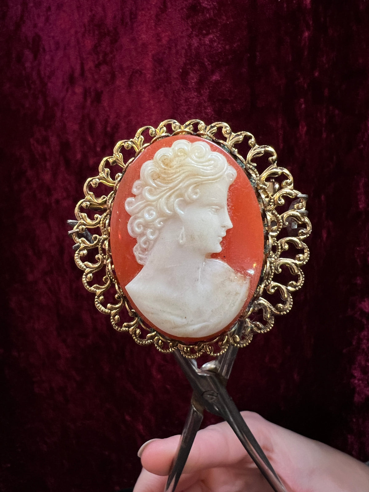 Vintage Ornate Gold Tone Metal Cameo Brooch - 1970s Victorian Style Reproduction