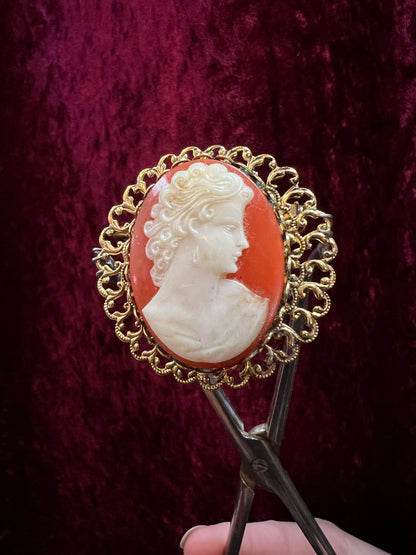 Vintage Ornate Gold Tone Metal Cameo Brooch - 1970s Victorian Style Reproduction