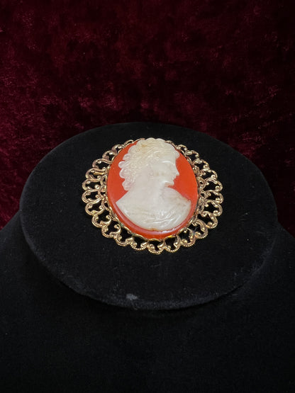 Vintage Ornate Gold Tone Metal Cameo Brooch - 1970s Victorian Style Reproduction