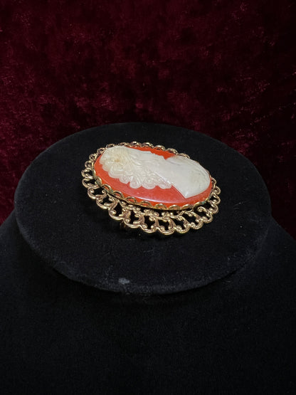 Vintage Ornate Gold Tone Metal Cameo Brooch - 1970s Victorian Style Reproduction