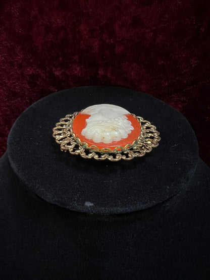 Vintage Ornate Gold Tone Metal Cameo Brooch - 1970s Victorian Style Reproduction