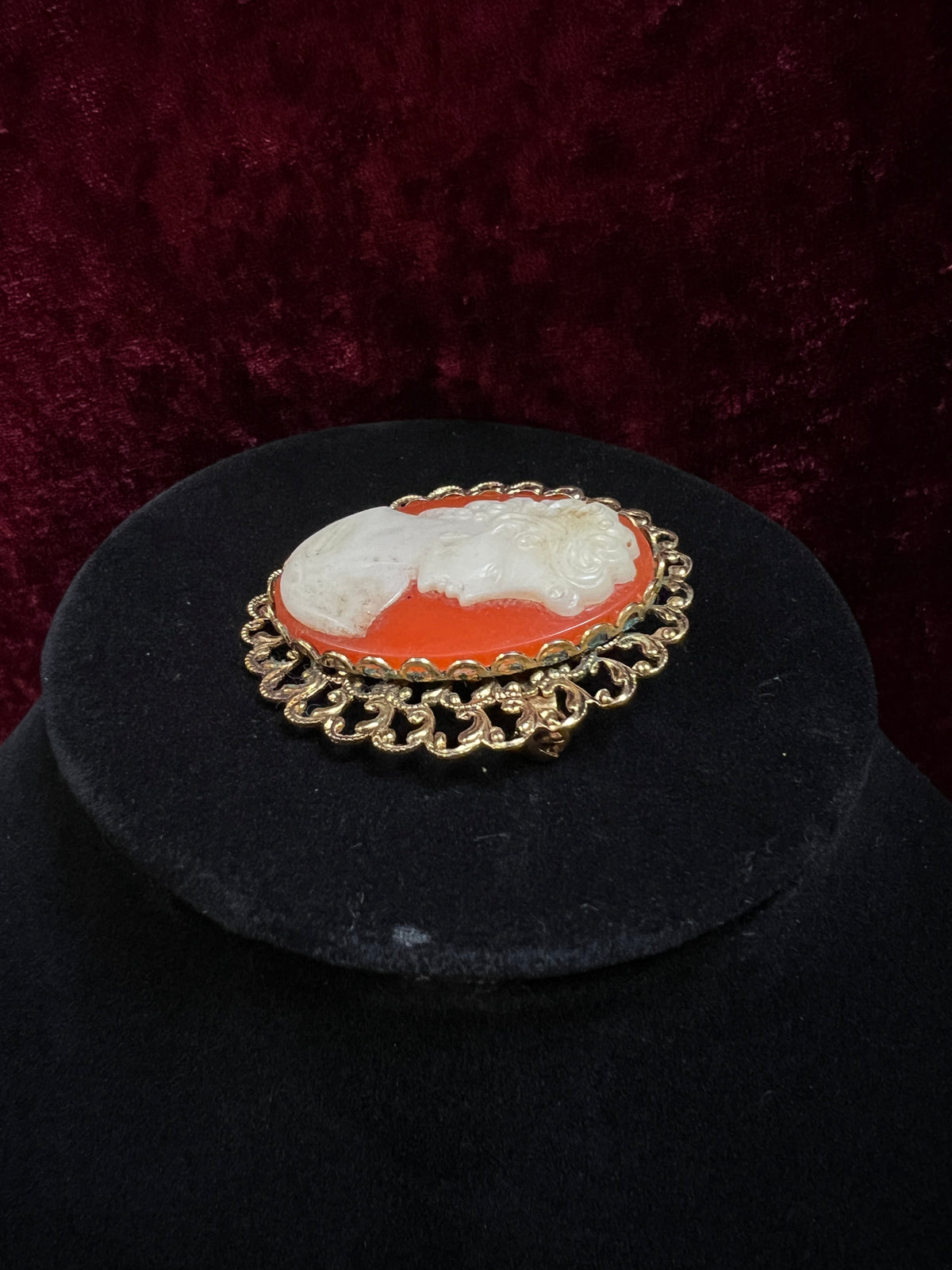 Vintage Ornate Gold Tone Metal Cameo Brooch - 1970s Victorian Style Reproduction