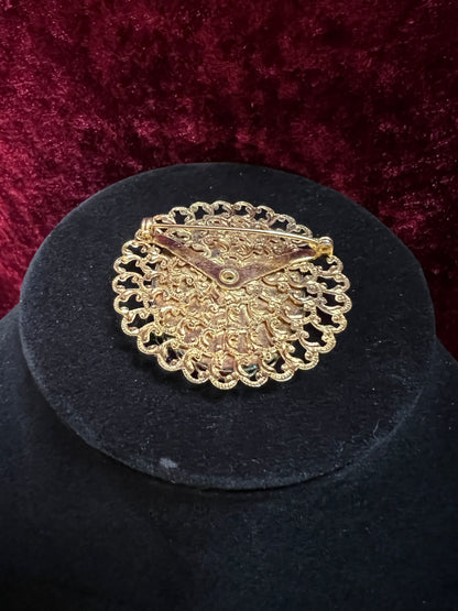 Vintage Ornate Gold Tone Metal Cameo Brooch - 1970s Victorian Style Reproduction