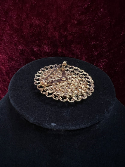 Vintage Ornate Gold Tone Metal Cameo Brooch - 1970s Victorian Style Reproduction