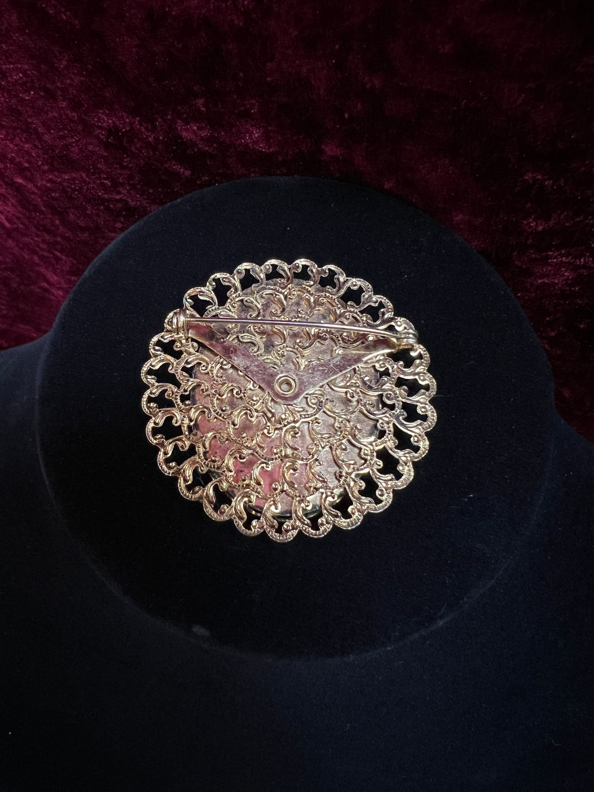 Vintage Ornate Gold Tone Metal Cameo Brooch - 1970s Victorian Style Reproduction