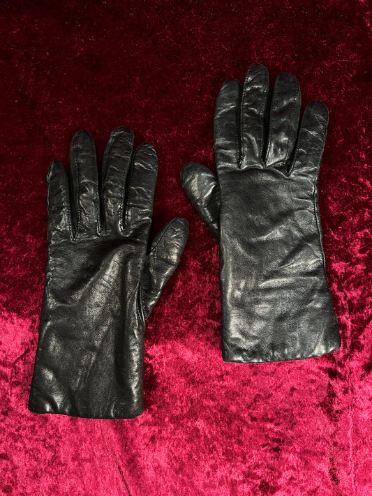 Vintage Soft Leather Gloves - Black Knit Lined Pair