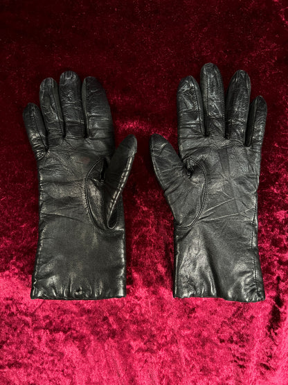 Vintage Soft Leather Gloves - Black Knit Lined Pair