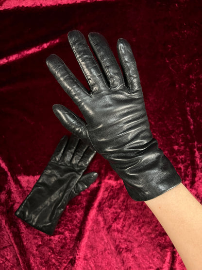 Vintage Soft Leather Gloves - Black Knit Lined Pair