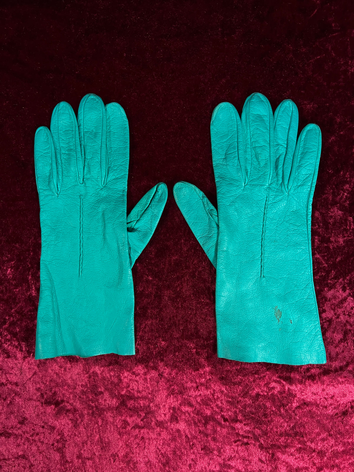 Vintage Genuine Leather Wrist Gloves - Four-Button Teal Pair