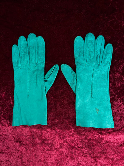 Vintage Genuine Leather Wrist Gloves - Four-Button Teal Pair