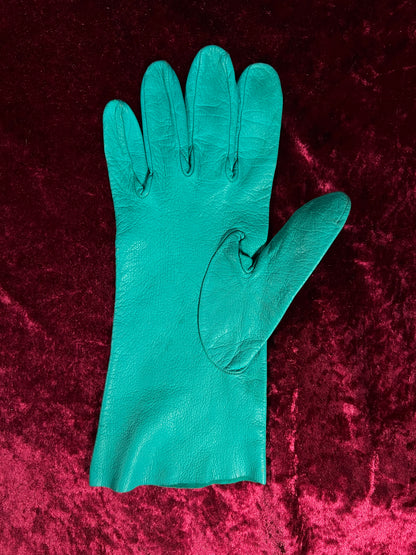 Vintage Genuine Leather Wrist Gloves - Four-Button Teal Pair