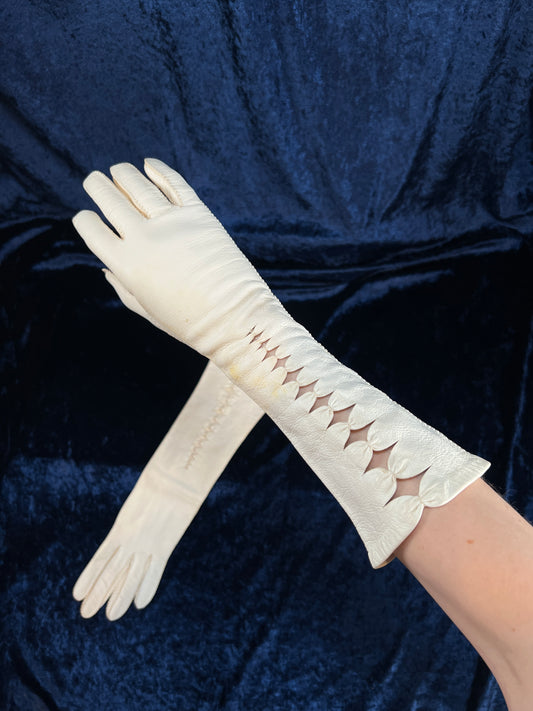 Vintage Genuine Leather Gloves - Cream Diamond Cutout Gauntlet Pair