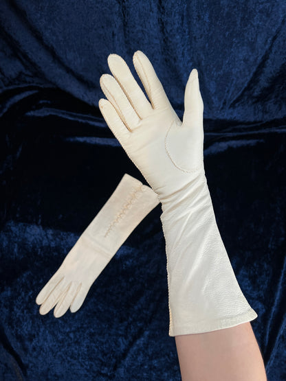 Vintage Genuine Leather Gloves - Cream Diamond Cutout Gauntlet Pair