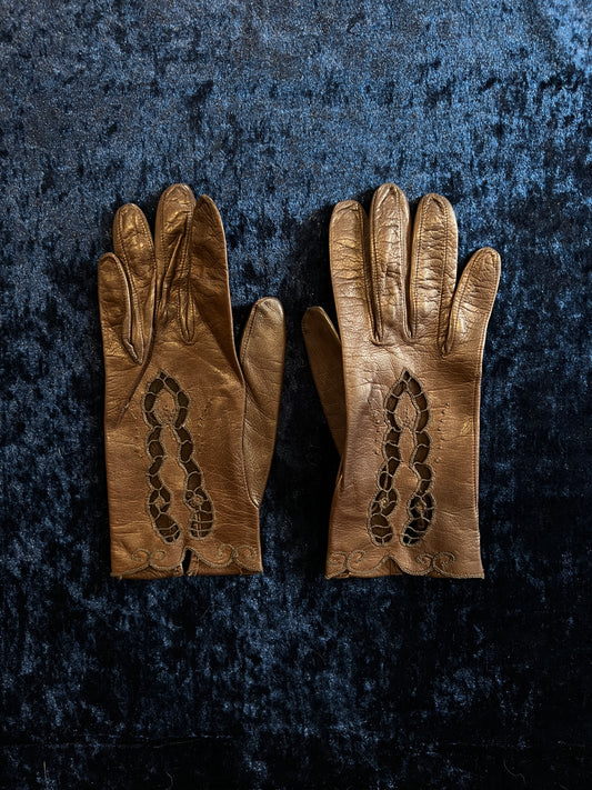 Vintage Leather Wrist Length Gloves - Lace Cut-Out Chocolate Brown Pair