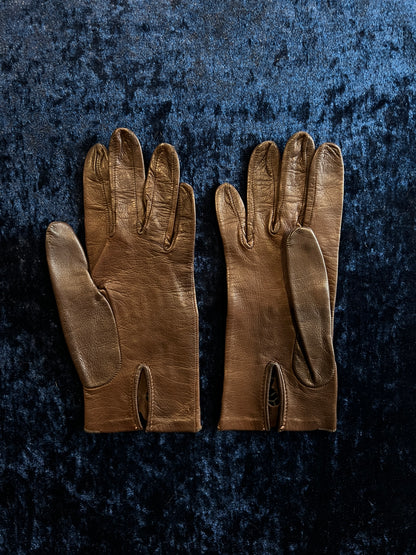 Vintage Leather Wrist Length Gloves - Lace Cut-Out Chocolate Brown Pair
