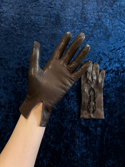 Vintage Leather Wrist Length Gloves - Lace Cut-Out Chocolate Brown Pair
