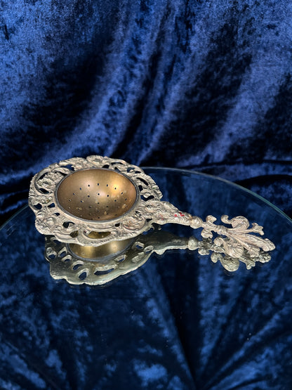Vintage Metal Tea Strainer - Art Nouveau Fleur-de-Lis and Cherub Handle Italy