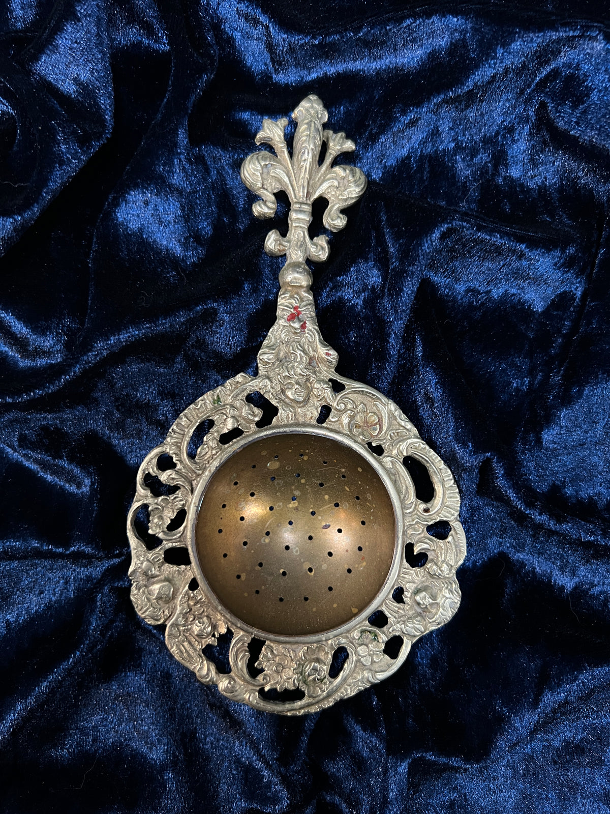 Vintage Metal Tea Strainer - Art Nouveau Fleur-de-Lis and Cherub Handle Italy