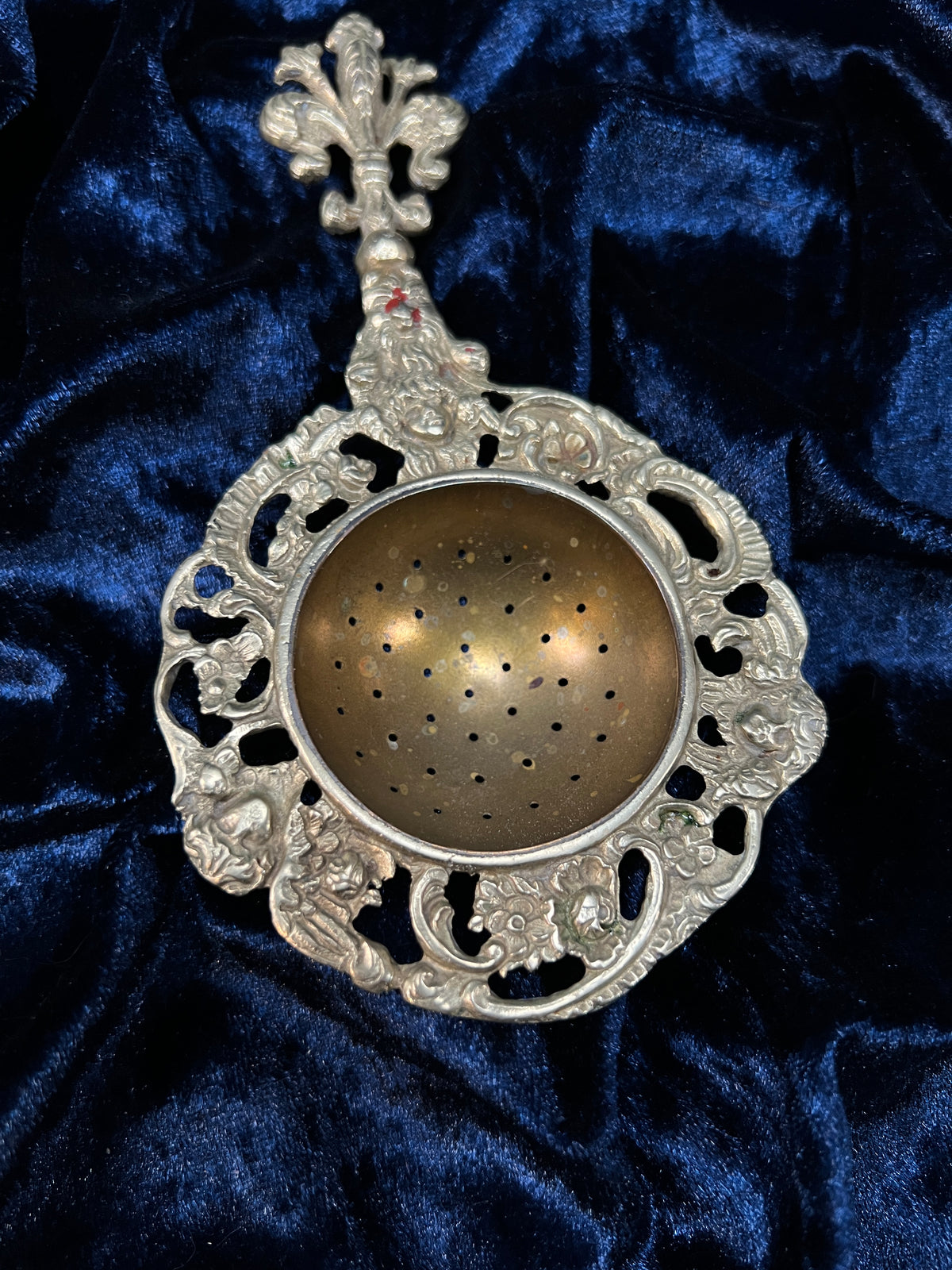 Vintage Metal Tea Strainer - Art Nouveau Fleur-de-Lis and Cherub Handle Italy