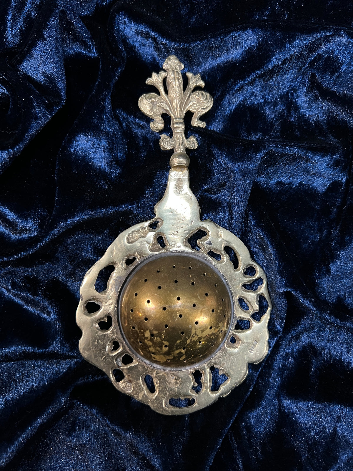 Vintage Metal Tea Strainer - Art Nouveau Fleur-de-Lis and Cherub Handle Italy
