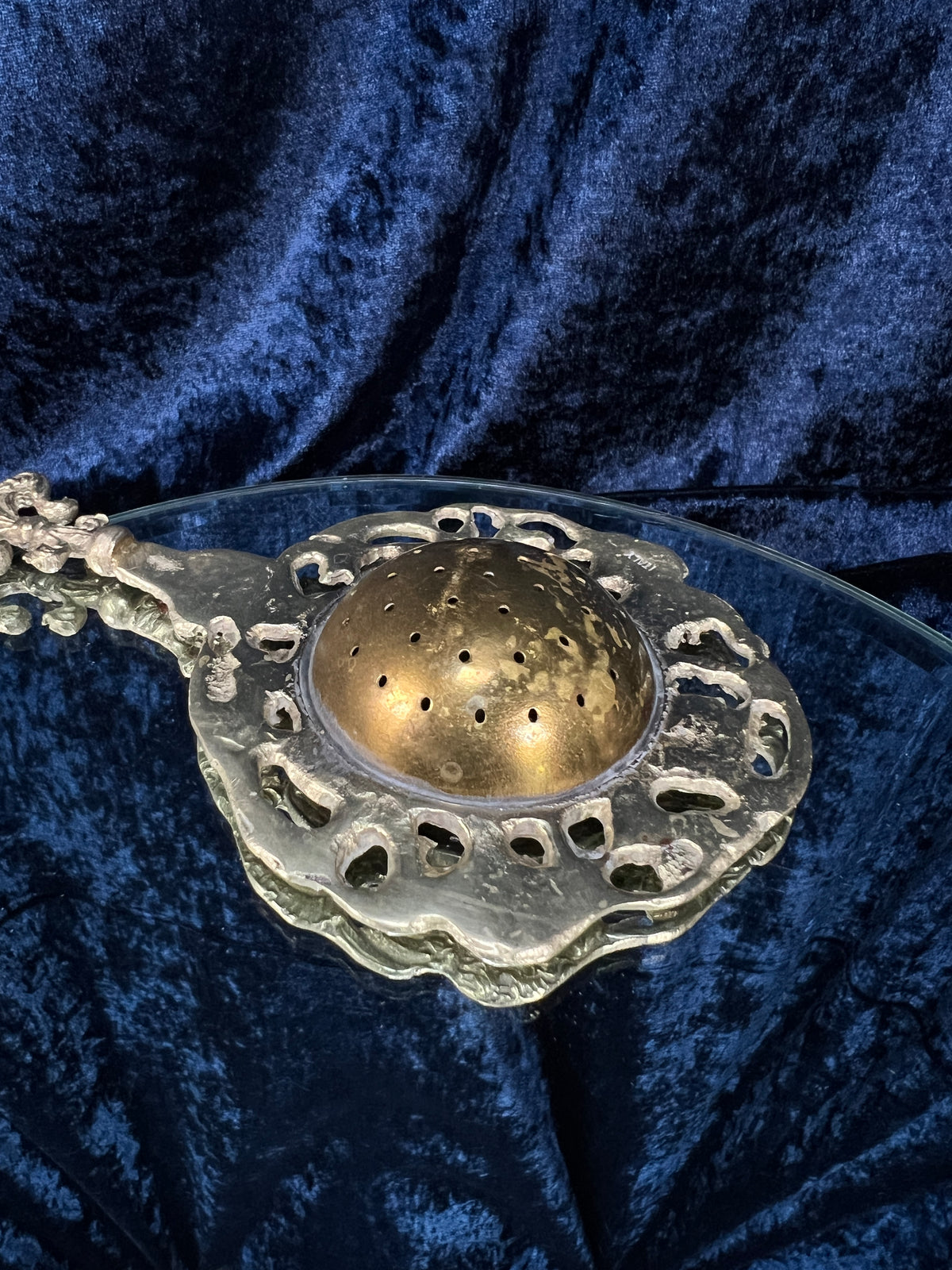 Vintage Metal Tea Strainer - Art Nouveau Fleur-de-Lis and Cherub Handle Italy