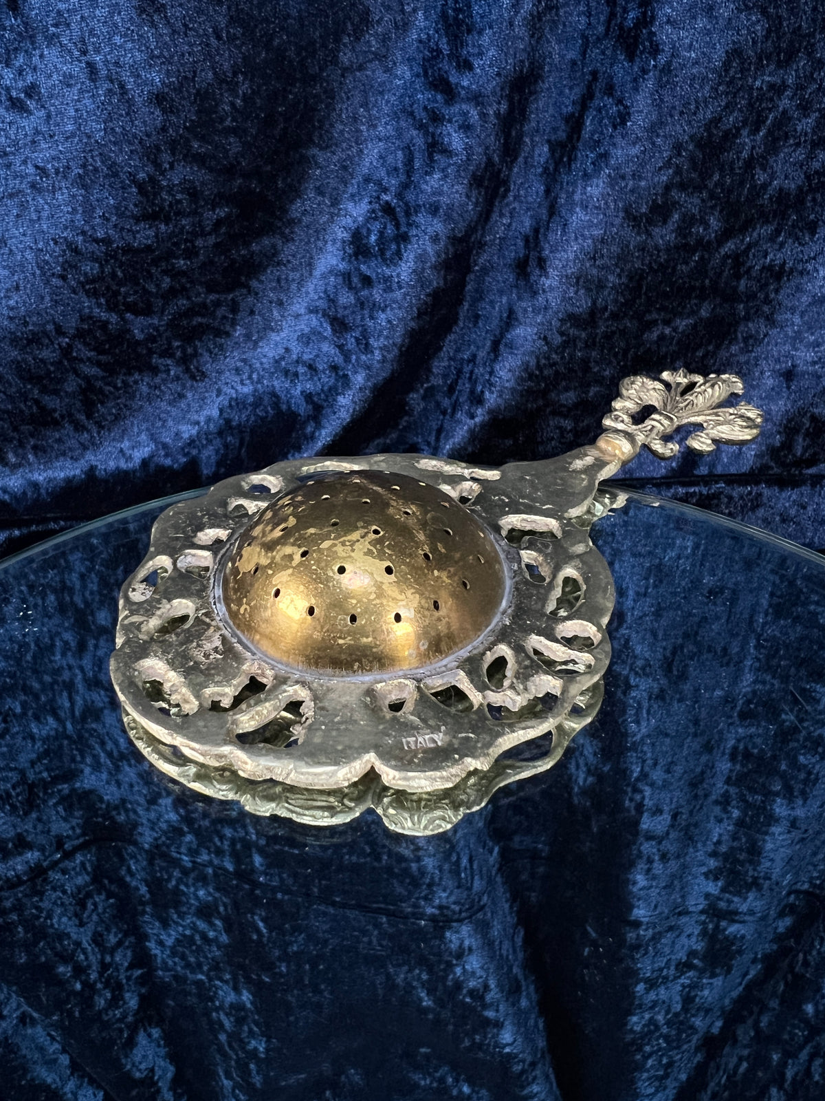 Vintage Metal Tea Strainer - Art Nouveau Fleur-de-Lis and Cherub Handle Italy