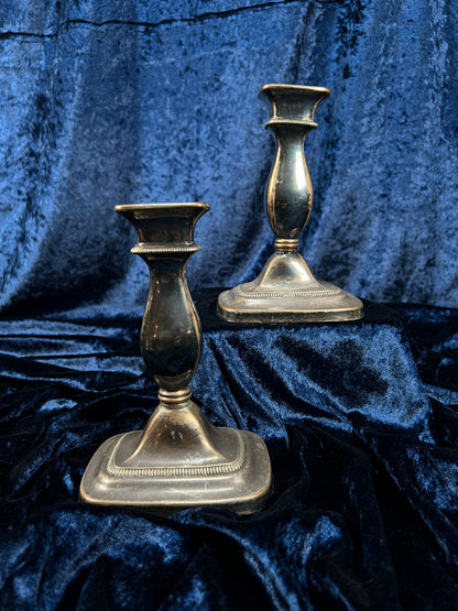 Vintage Metal Candlestick Pair - Ornate Square Bases Silver Tone
