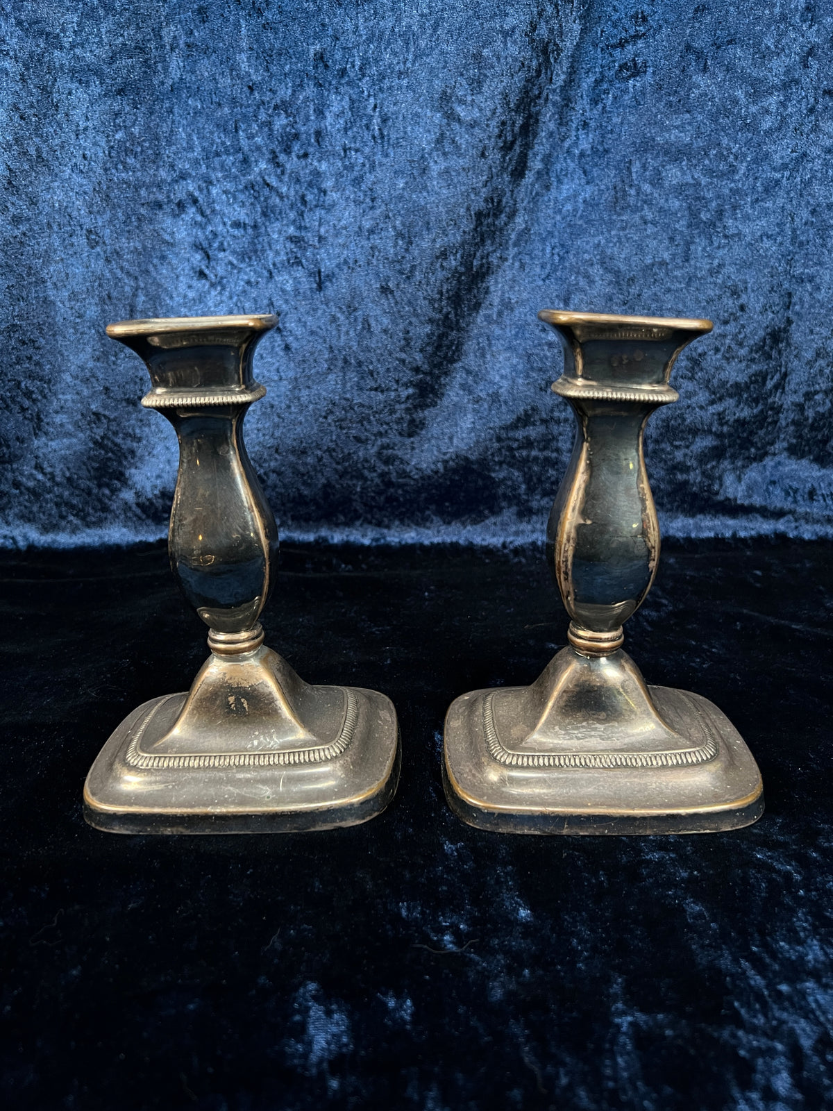 Vintage Metal Candlestick Pair - Ornate Square Bases Silver Tone