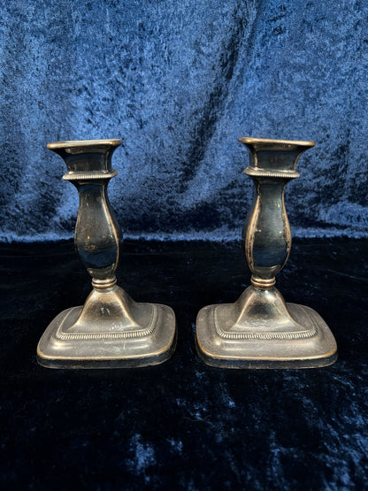 Vintage Metal Candlestick Pair - Ornate Square Bases Silver Tone