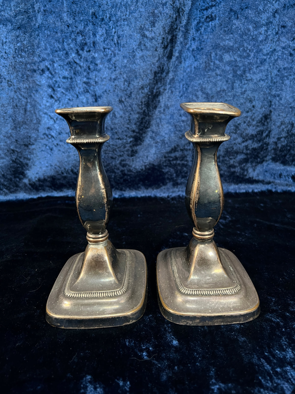 Vintage Metal Candlestick Pair - Ornate Square Bases Silver Tone