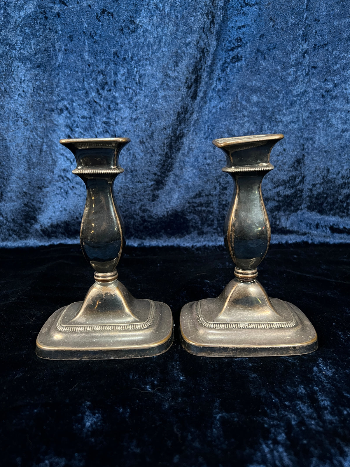 Vintage Metal Candlestick Pair - Ornate Square Bases Silver Tone