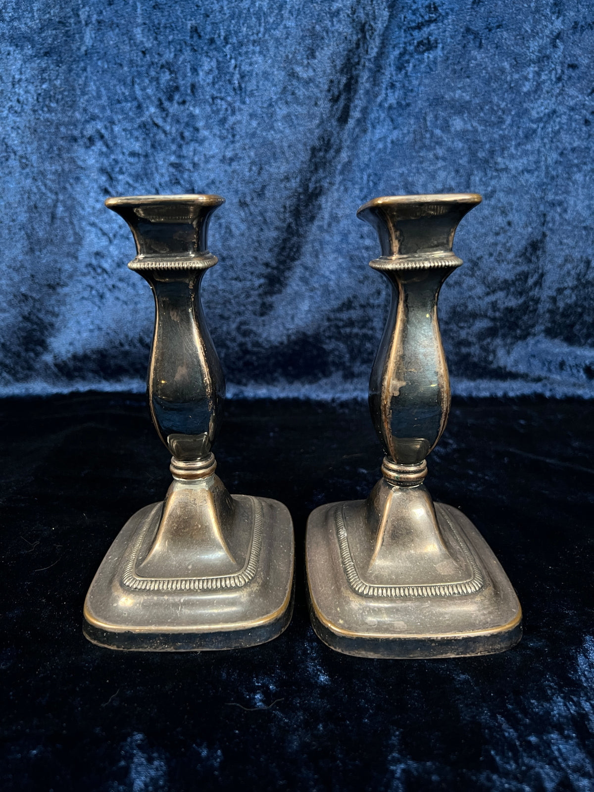 Vintage Metal Candlestick Pair - Ornate Square Bases Silver Tone