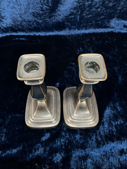 Vintage Metal Candlestick Pair - Ornate Square Bases Silver Tone