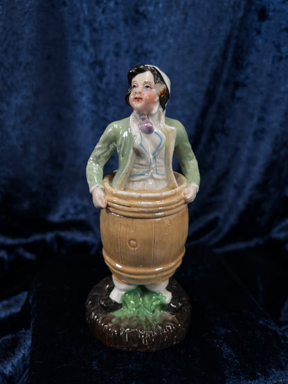 Vintage German Porcelain Trinket Box - Lady in a Barrel Figural Design