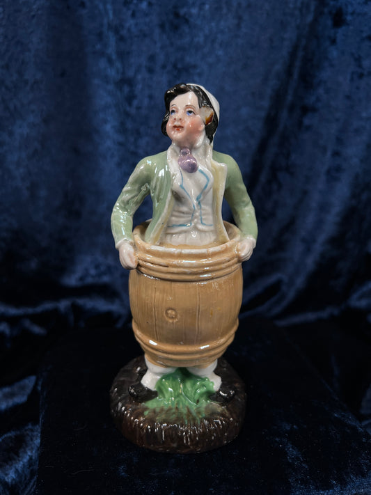 Vintage German Porcelain Trinket Box - Lady in a Barrel Figural Design