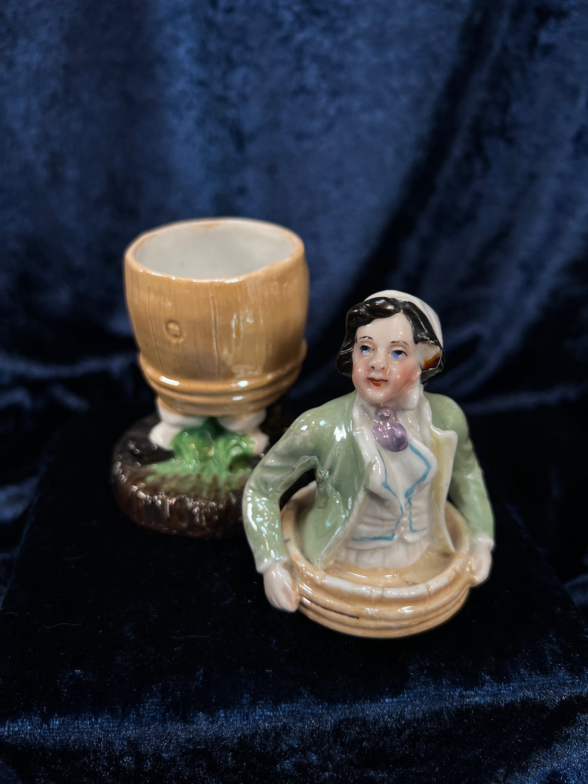 Vintage German Porcelain Trinket Box - Lady in a Barrel Figural Design