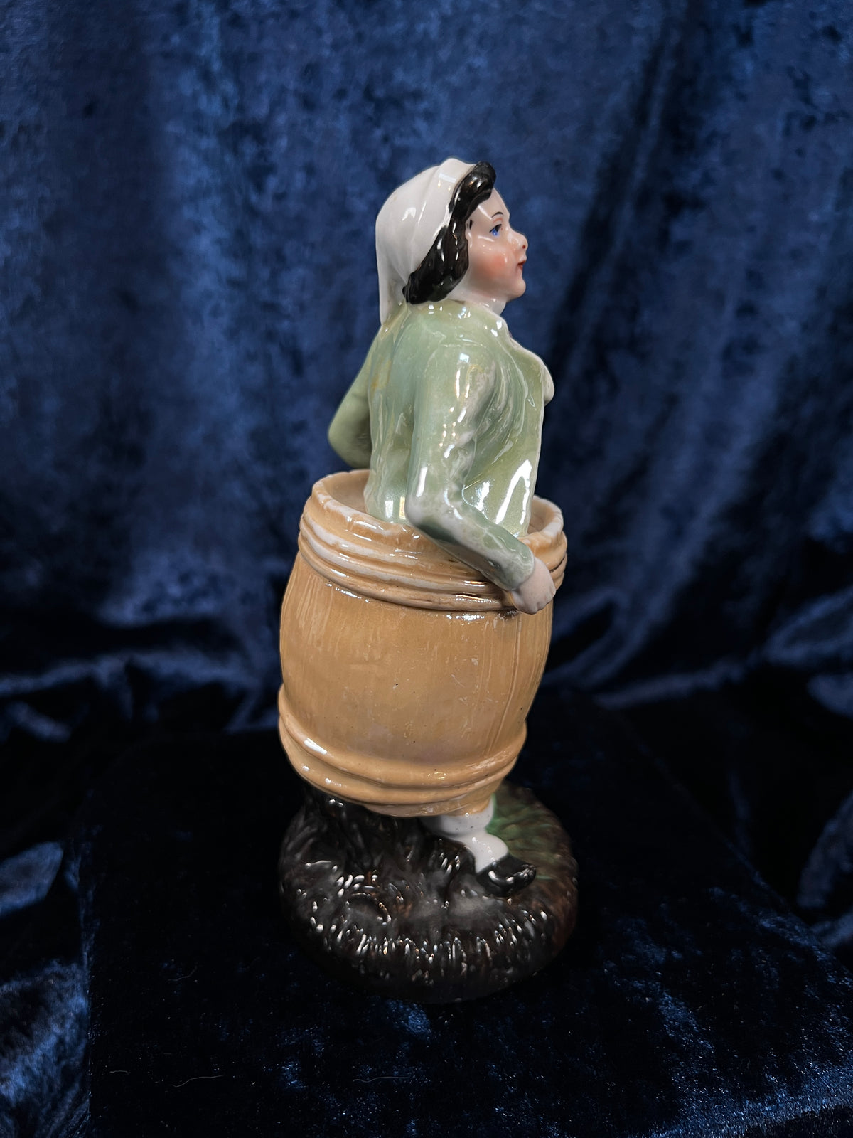 Vintage German Porcelain Trinket Box - Lady in a Barrel Figural Design