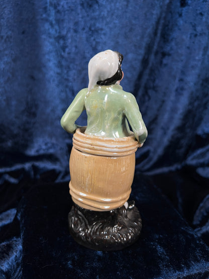 Vintage German Porcelain Trinket Box - Lady in a Barrel Figural Design