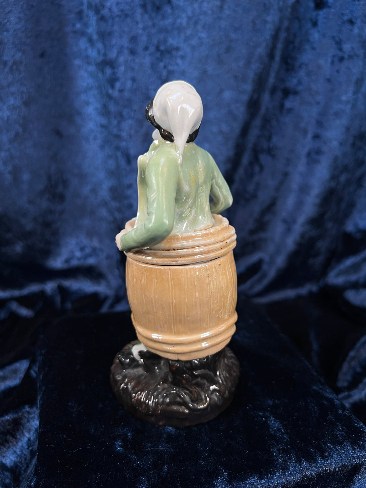 Vintage German Porcelain Trinket Box - Lady in a Barrel Figural Design