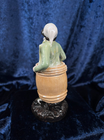 Vintage German Porcelain Trinket Box - Lady in a Barrel Figural Design