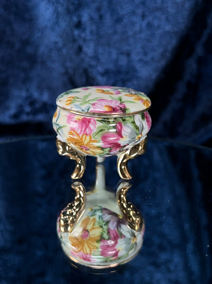Vintage Ceramic Footed Trinket Box - Three Gold Feet and Pink Floral Motif