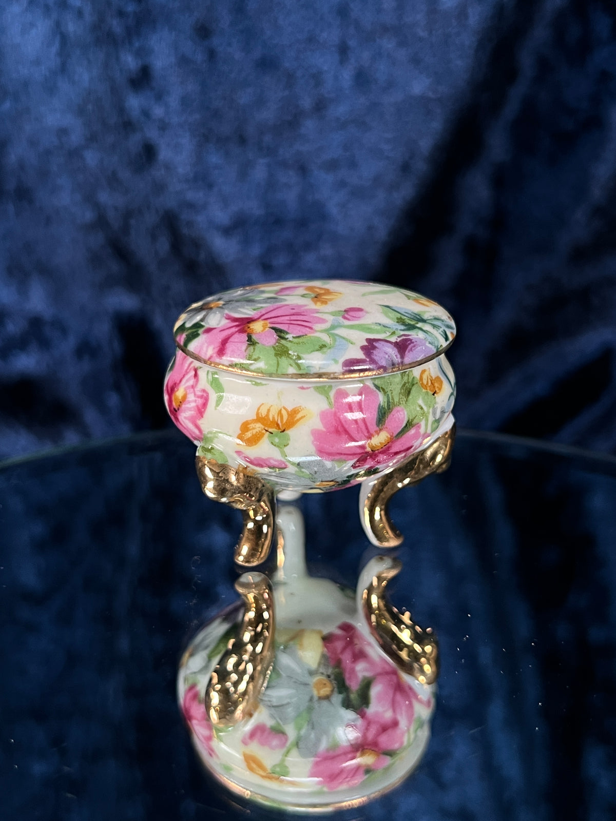 Vintage Ceramic Footed Trinket Box - Three Gold Feet and Pink Floral Motif