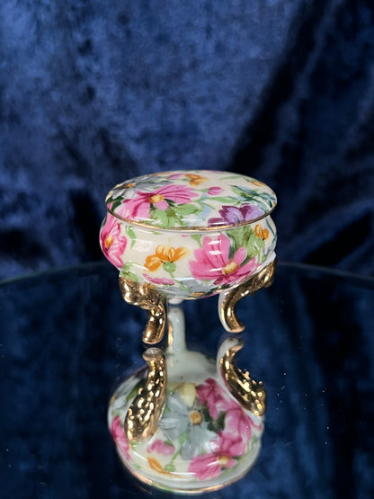Vintage Ceramic Footed Trinket Box - Three Gold Feet and Pink Floral Motif
