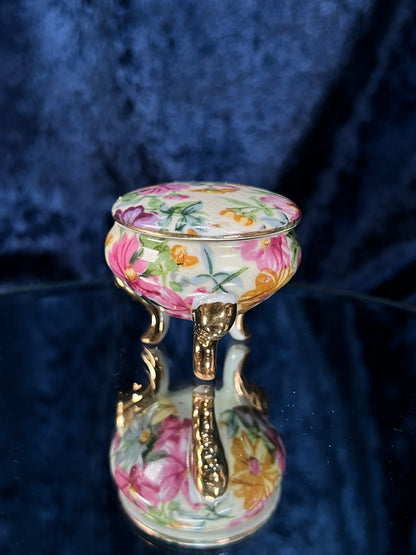 Vintage Ceramic Footed Trinket Box - Three Gold Feet and Pink Floral Motif