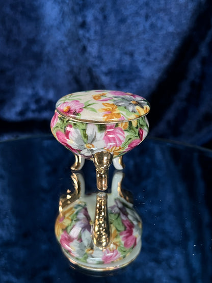 Vintage Ceramic Footed Trinket Box - Three Gold Feet and Pink Floral Motif