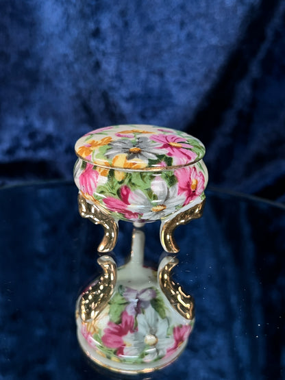 Vintage Ceramic Footed Trinket Box - Three Gold Feet and Pink Floral Motif